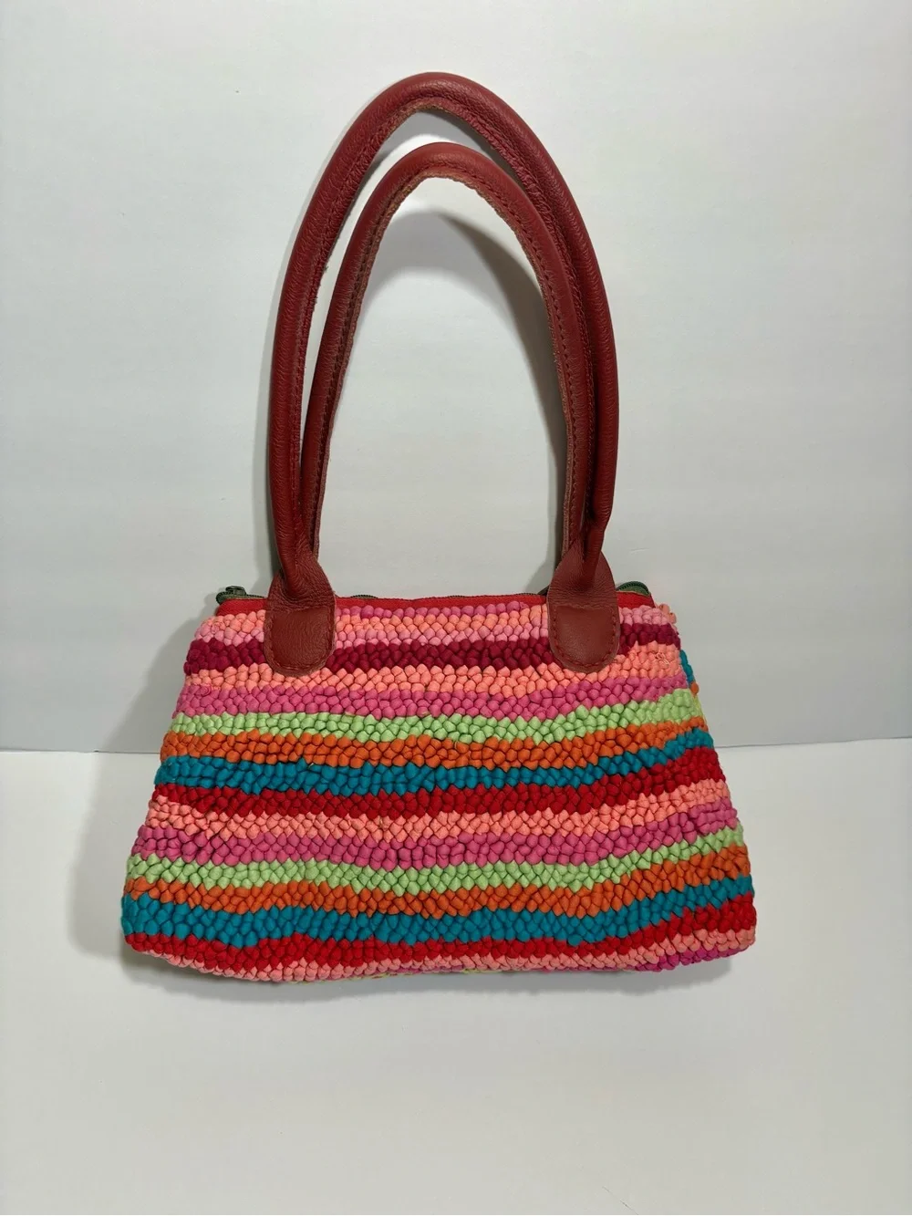 Mielie South Africa Hand Hooked Woven Knit Striped Shoulder Bag Red Pink Green